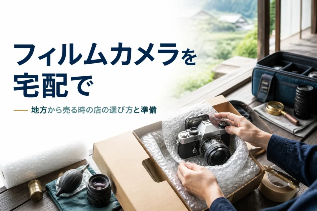 フィルムカメラを宅配買取の箱に梱包している様子