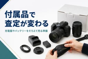 一眼レフと充電器・バッテリー・ストラップなどの付属品を並べている様子