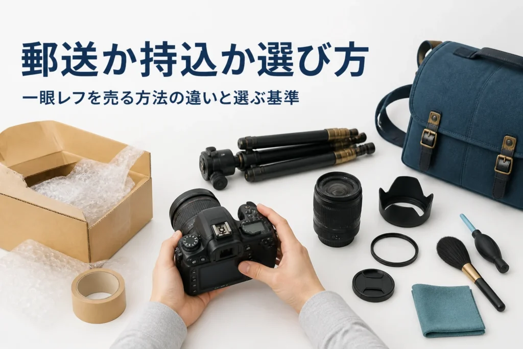 一眼レフを郵送で送るか店に持ち込むか考えている様子
