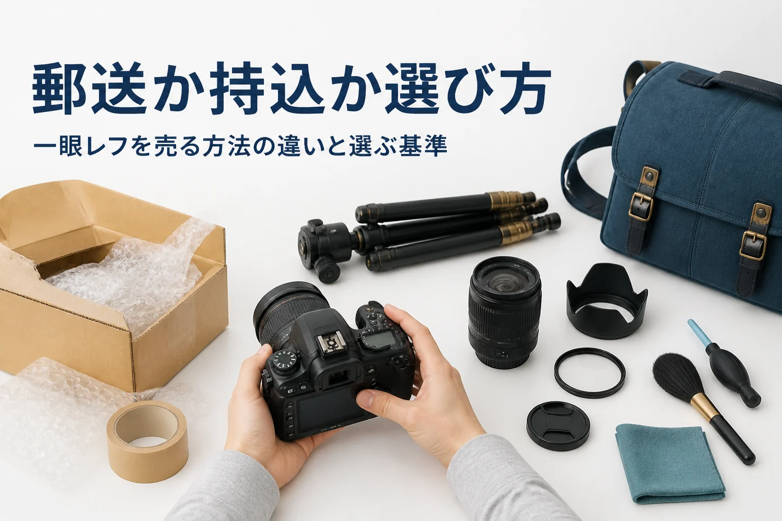 一眼レフを郵送で送るか店に持ち込むか考えている様子