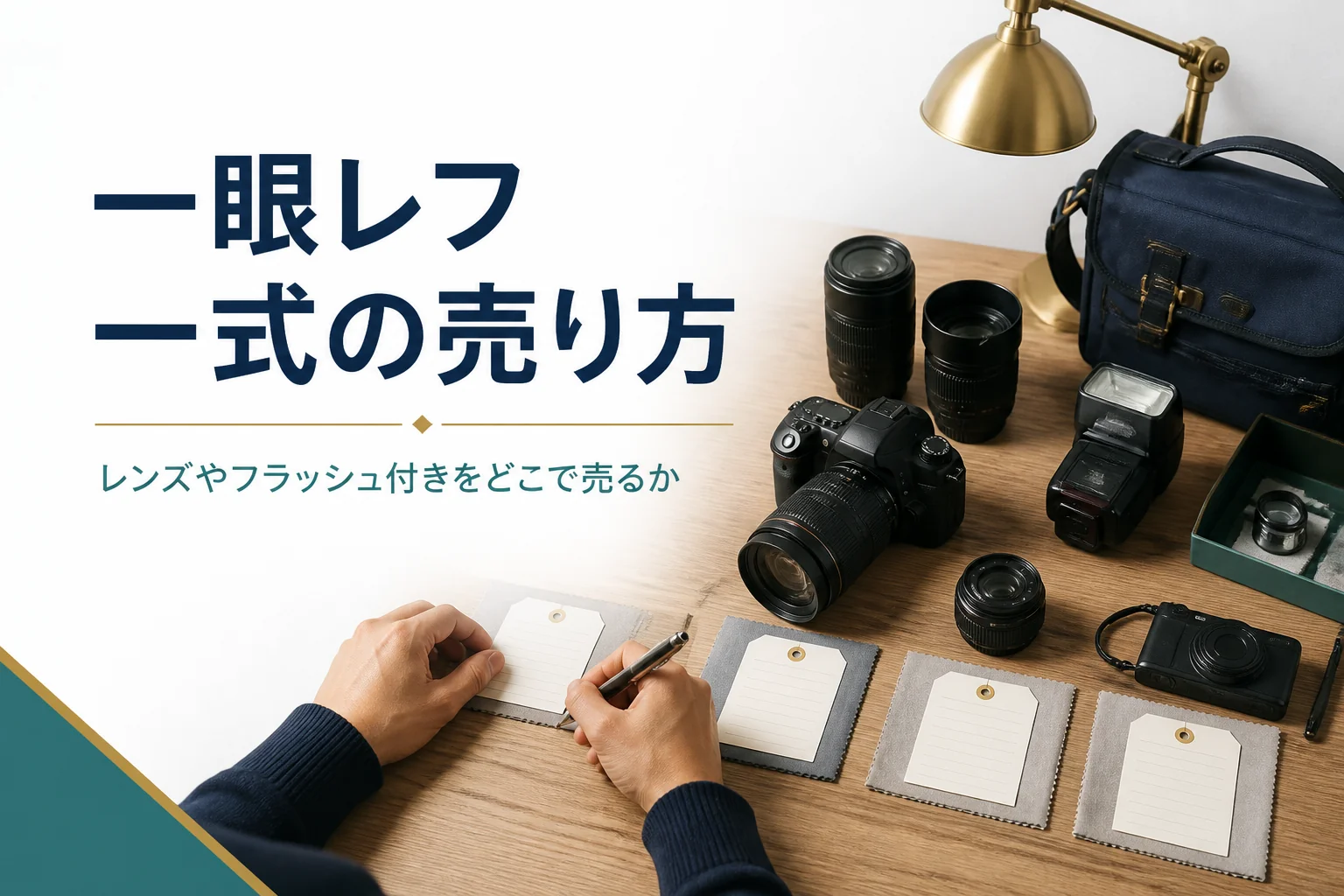 一眼レフとレンズ、フラッシュ、コンパクトデジカメを売る前に仕分けている様子