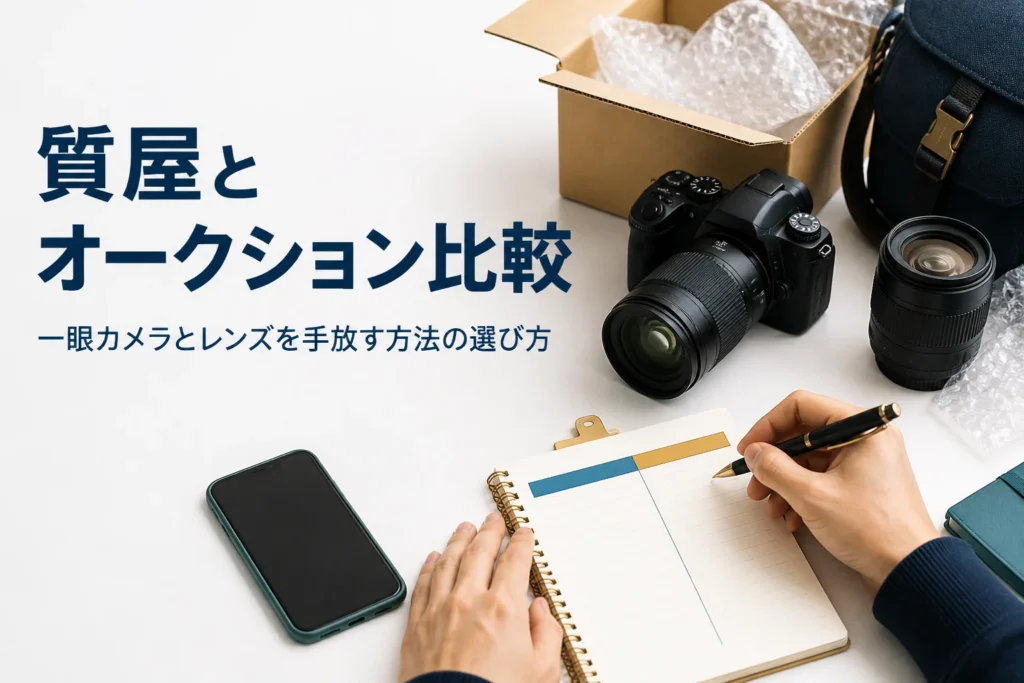 一眼カメラとレンズを前に、売り方を比べてメモしている様子