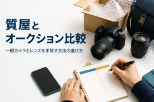 一眼カメラとレンズを前に、売り方を比べてメモしている様子