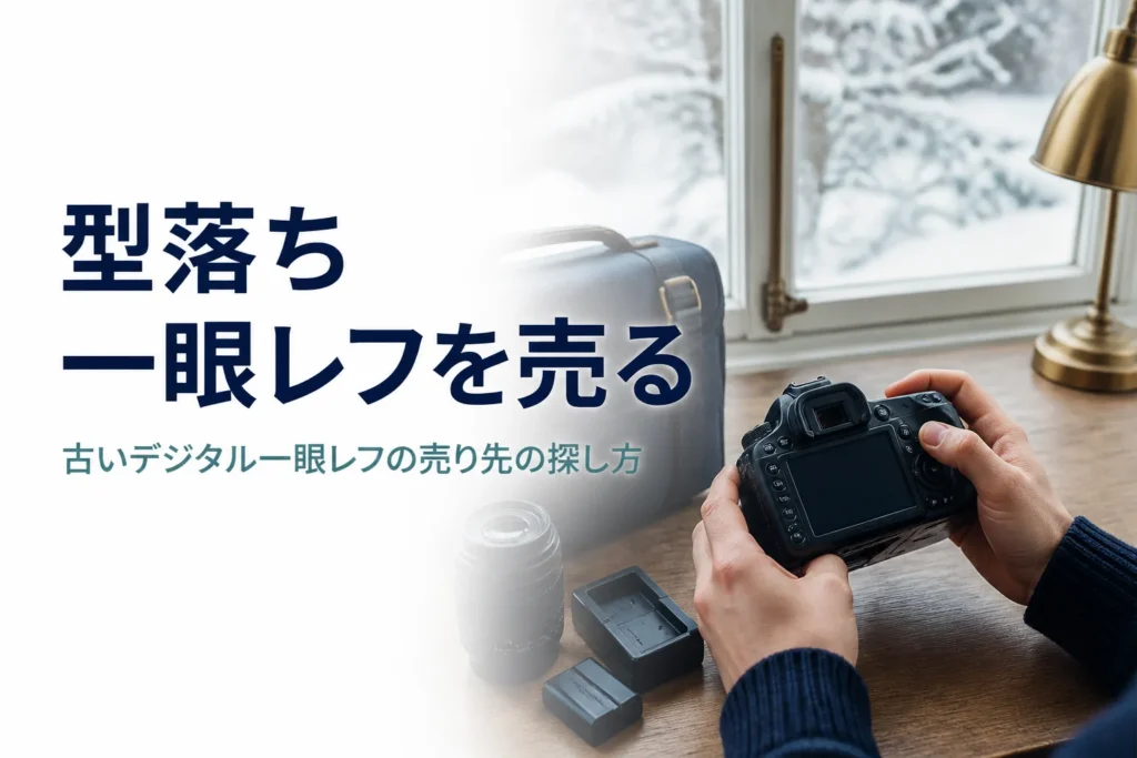 古いデジタル一眼レフと付属品を並べて売る準備をしている様子