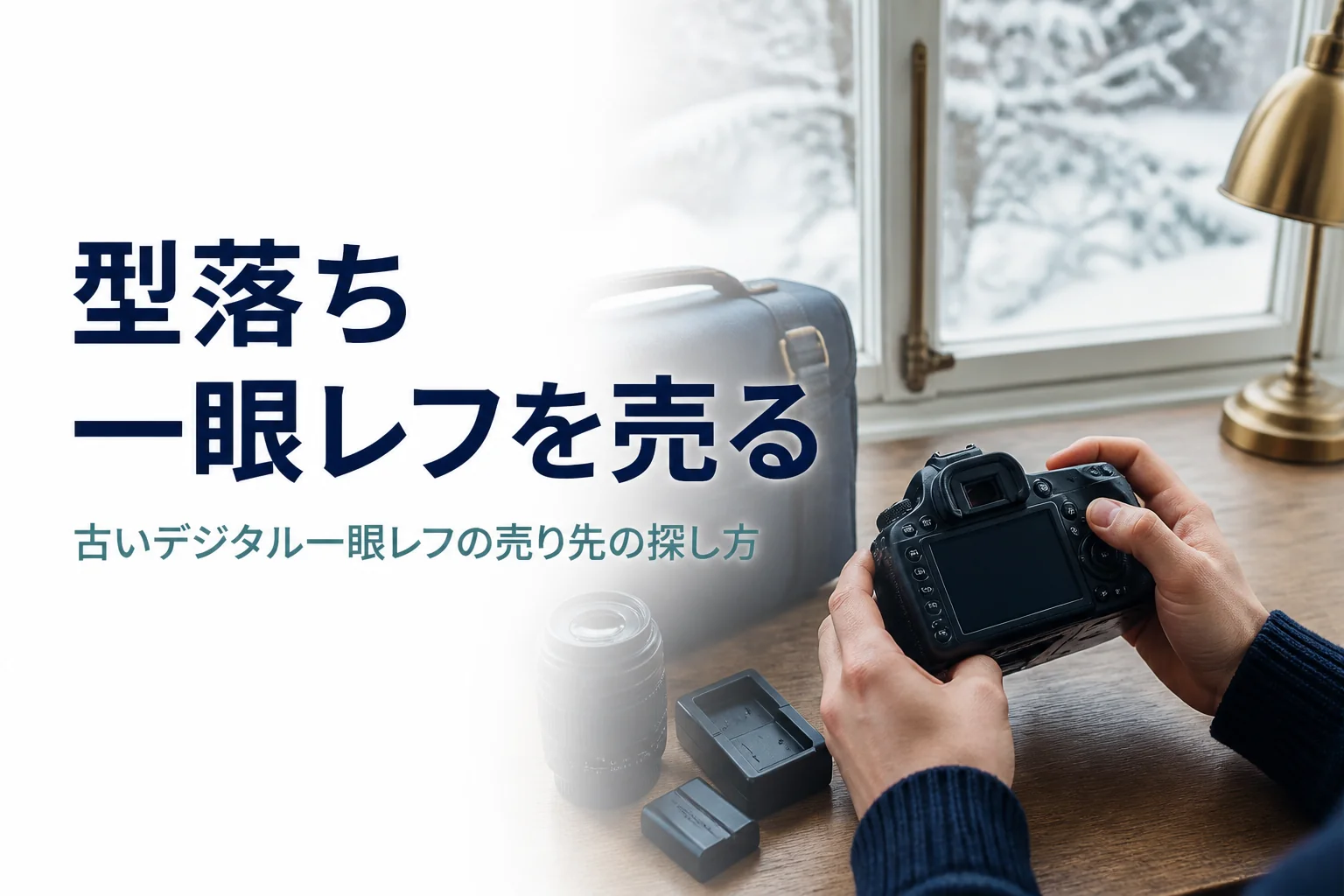古いデジタル一眼レフと付属品を並べて売る準備をしている様子