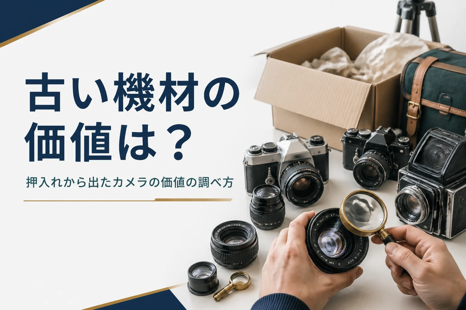 押入れから出てきた古いカメラとレンズを並べて状態を確かめる様子