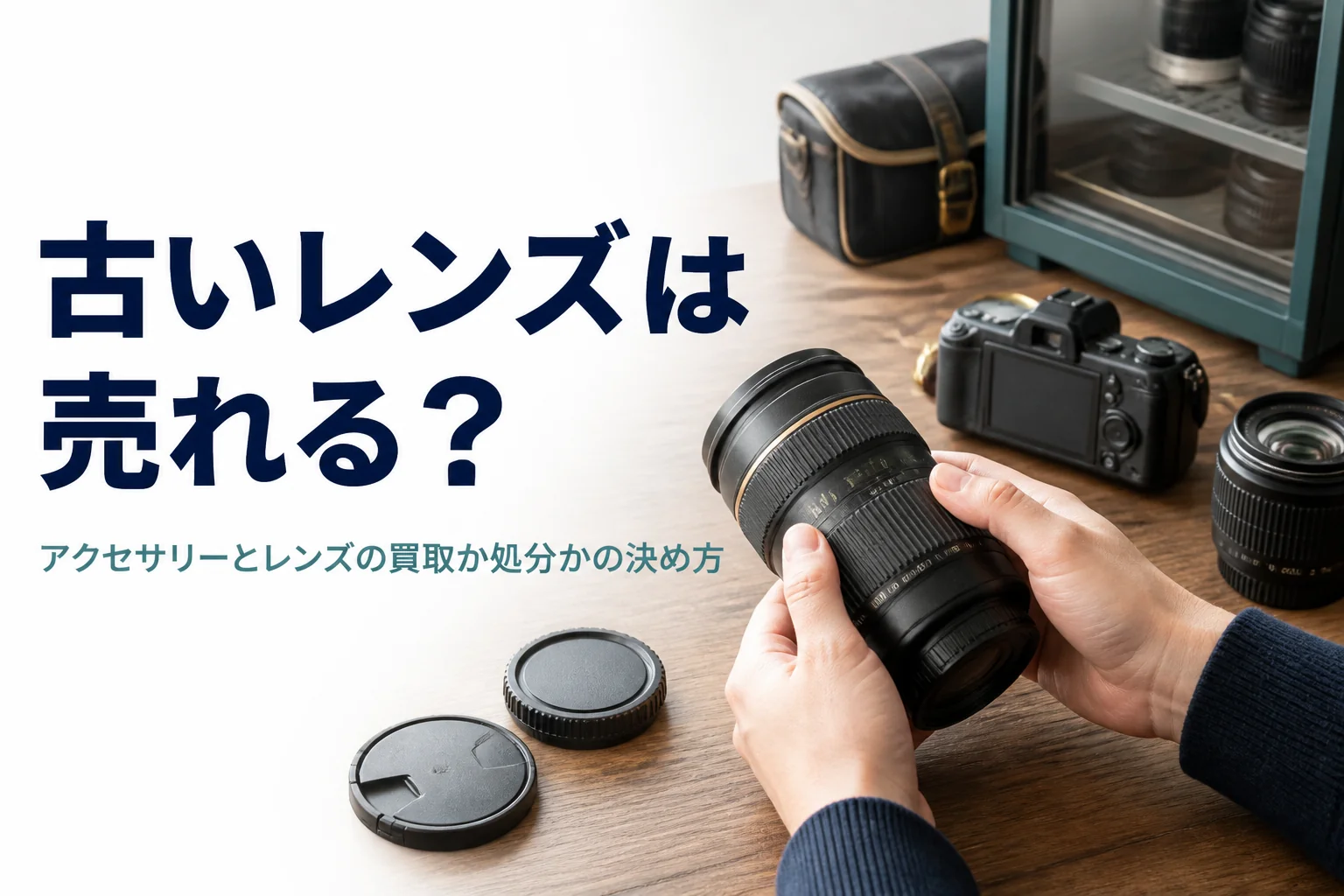 古い交換レンズとカメラのアクセサリーを並べて売るか処分するか考えている様子
