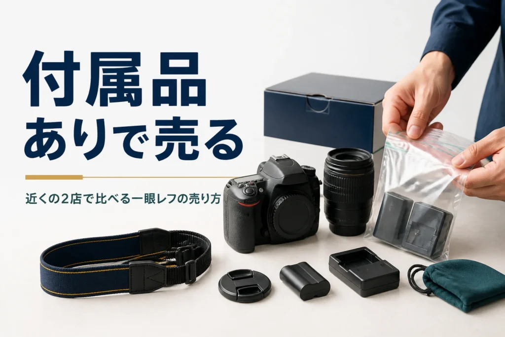付属品がそろった一眼レフを並べて持ち込む準備をしている様子