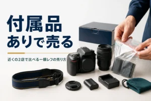 付属品がそろった一眼レフを並べて持ち込む準備をしている様子