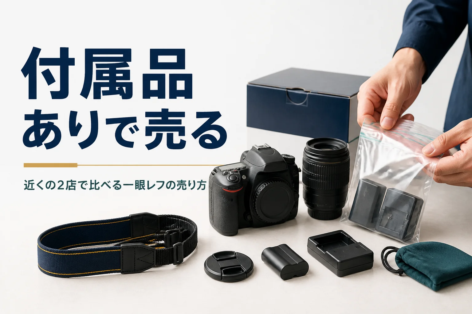 付属品がそろった一眼レフを並べて持ち込む準備をしている様子