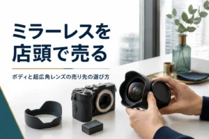 ミラーレスカメラと超広角レンズを並べて店頭に持ち込む準備をしている様子