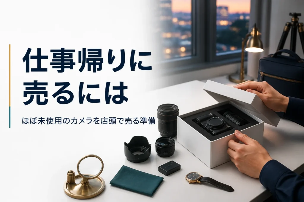ほぼ未使用のミラーレスカメラを元箱に入れて仕事帰りに持ち込む準備をする様子