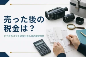 ビデオカメラと買取の明細を並べて確定申告が必要か整理している様子