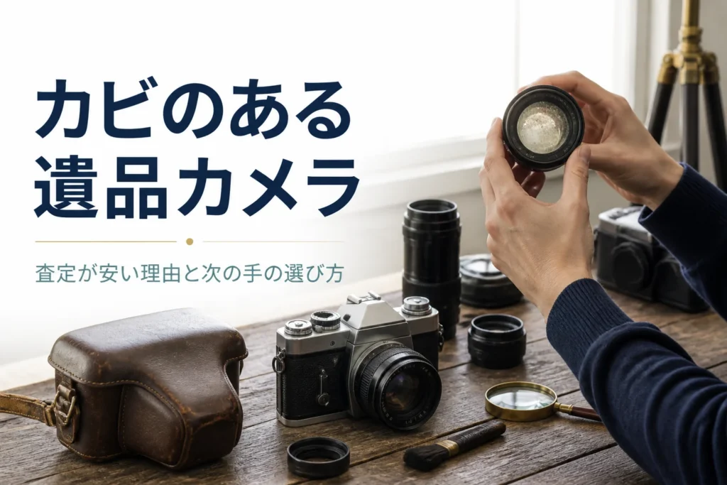 遺品のフィルムカメラのレンズを光に透かして確かめている様子