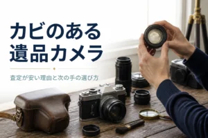 遺品のフィルムカメラのレンズを光に透かして確かめている様子