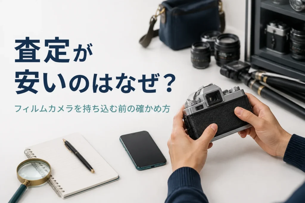 フィルムカメラの状態をメモとスマホで記録しながら確かめている様子