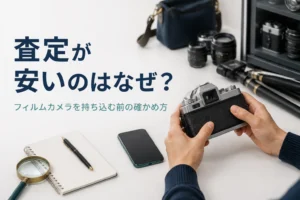 フィルムカメラの状態をメモとスマホで記録しながら確かめている様子