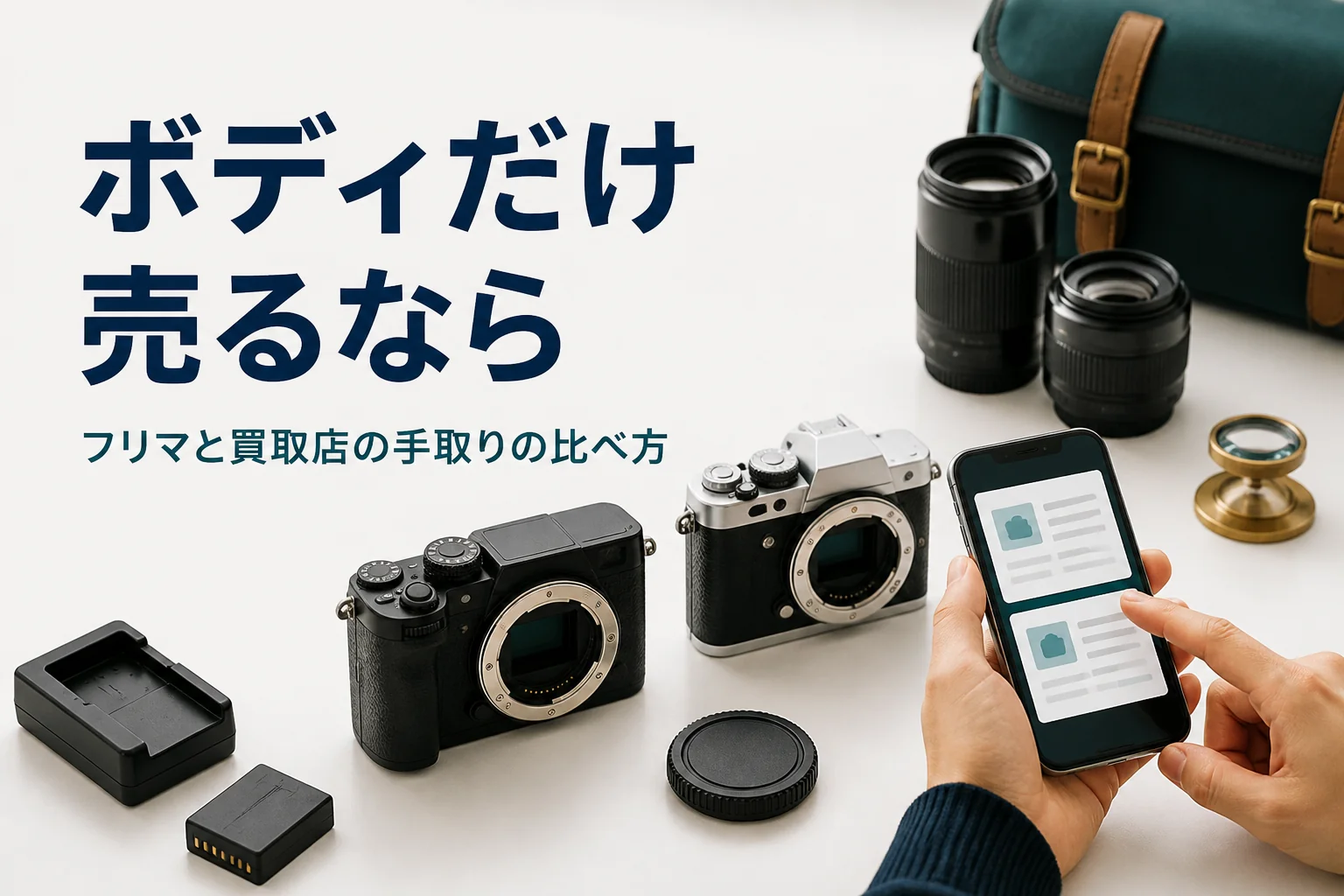 カメラのボディを並べて、フリマと買取店のどちらで売るか比べている様子