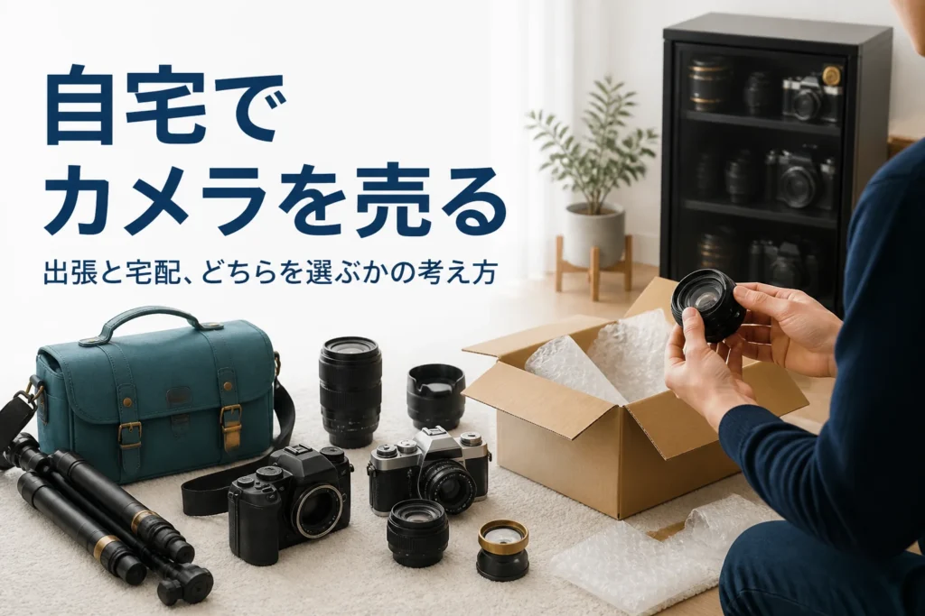 自宅でカメラやレンズを並べ、出張と宅配のどちらで売るか考えている様子