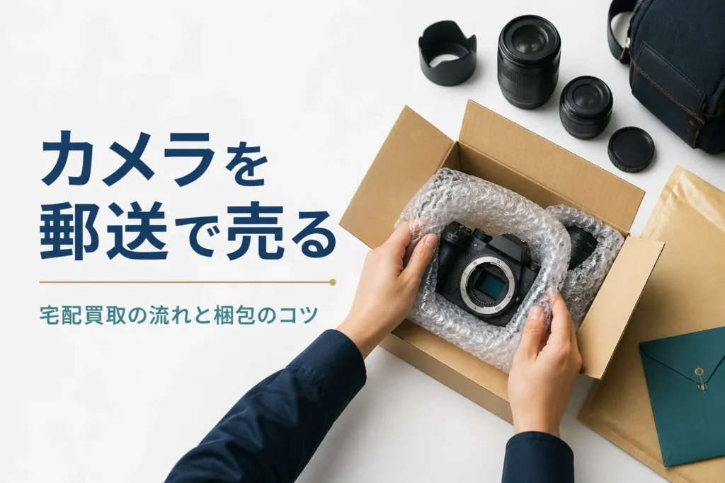 カメラとレンズを緩衝材で包んで段ボール箱に詰めている様子