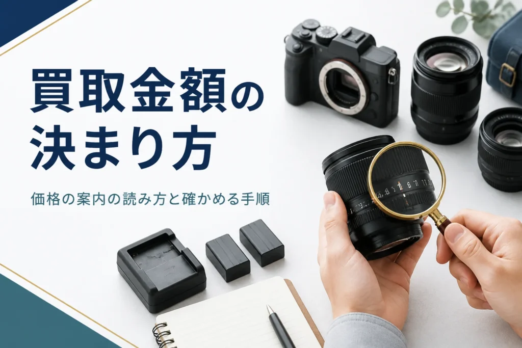カメラとレンズの型番や付属品を確かめながら買取金額を調べている様子