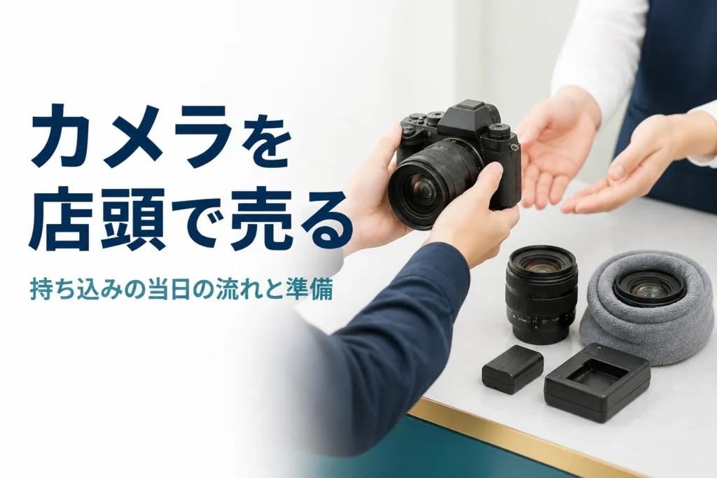 カメラとレンズを買取カウンターに持ち込んでいる様子