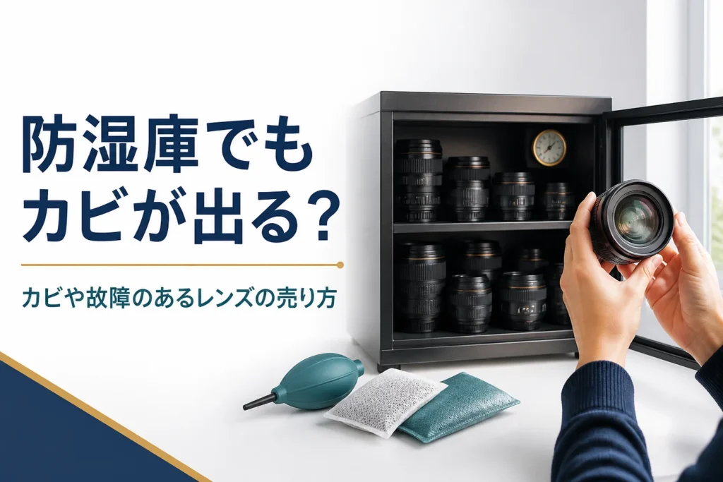 防湿庫から出したレンズを光に透かしてカビがないか確かめている様子