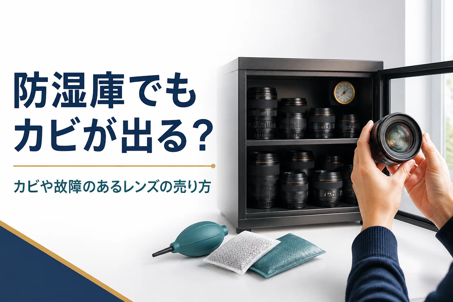 防湿庫から出したレンズを光に透かしてカビがないか確かめている様子