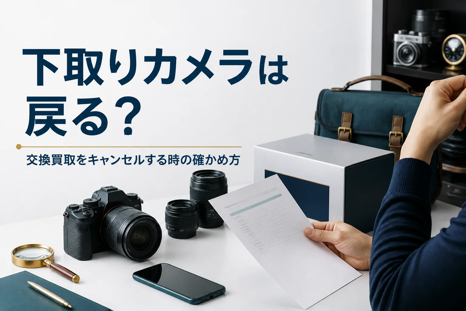 下取りに出したカメラと書類を前に、キャンセル時の扱いを確かめている様子