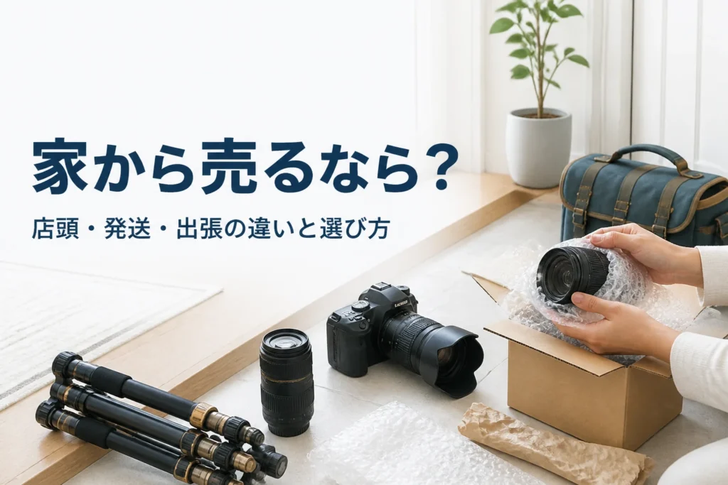 一眼レフと望遠レンズ、三脚を段ボール箱の横に並べ、自宅から売る準備をしている様子