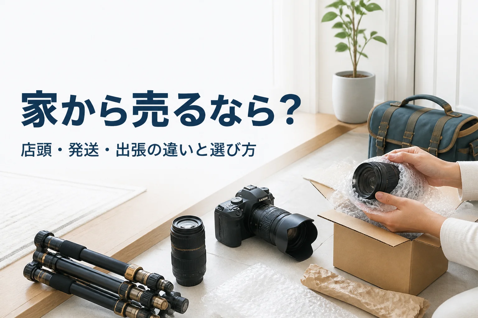 一眼レフと望遠レンズ、三脚を段ボール箱の横に並べ、自宅から売る準備をしている様子