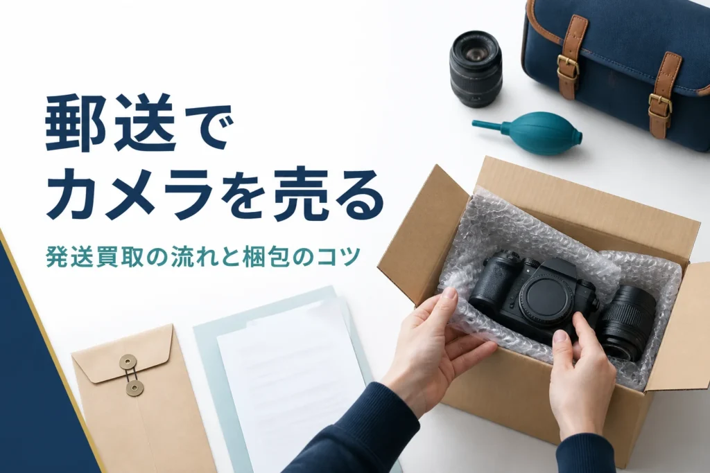 ミラーレスと交換レンズを緩衝材で包み、段ボール箱に詰めて郵送の準備をしている手元