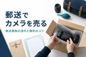 ミラーレスと交換レンズを緩衝材で包み、段ボール箱に詰めて郵送の準備をしている手元