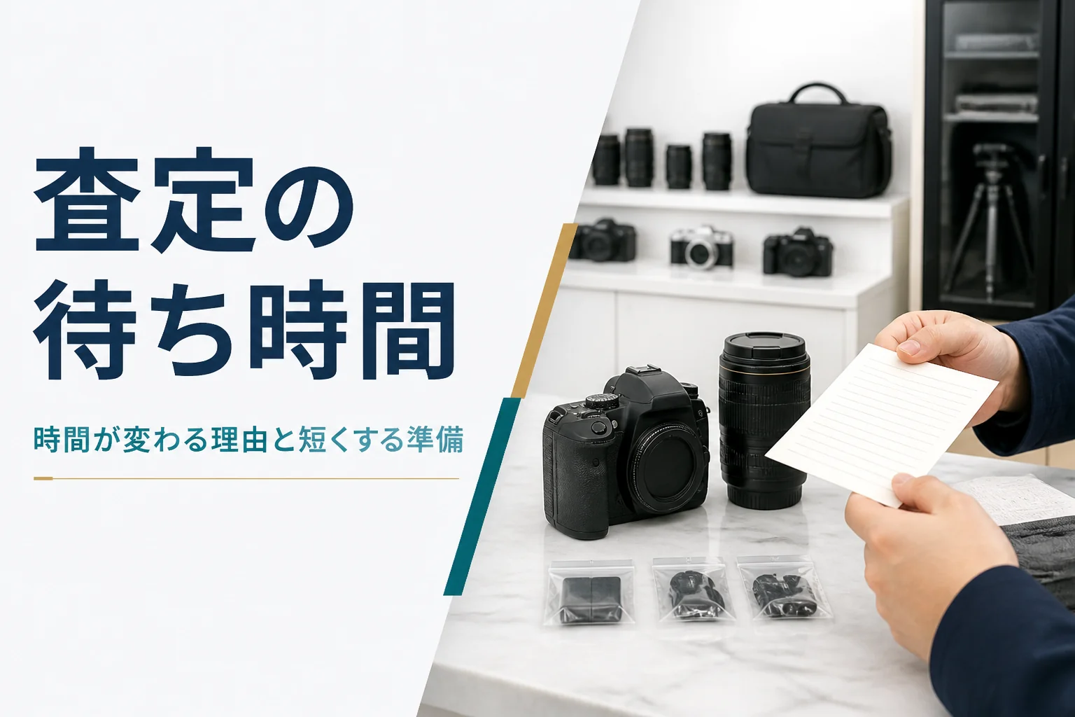 一眼レフと交換レンズ、付属品を分けた袋と型番メモをカウンターに並べている様子