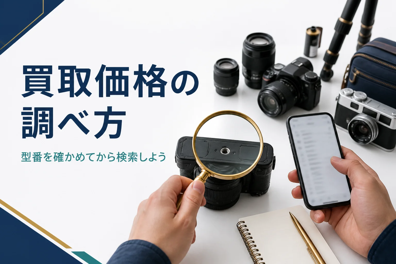 ミラーレスの底面の表記をルーペで確かめながら、スマホで型番を検索している手元