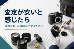 交換レンズの中をライトで照らして状態を確かめている手元