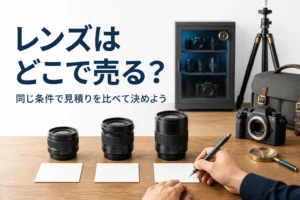 交換レンズ3本を並べて、それぞれの見積りをメモに書き込んで比べている様子