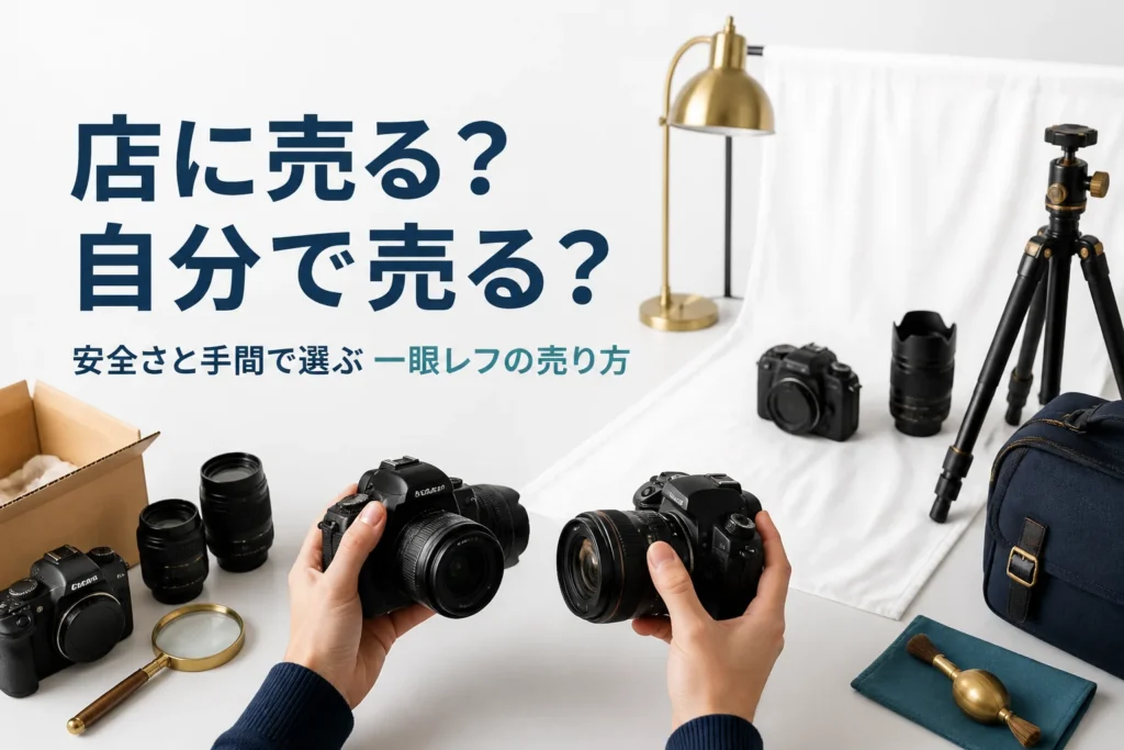 一眼レフを手に、店に送る準備と自分で出品する撮影の準備を見比べている様子