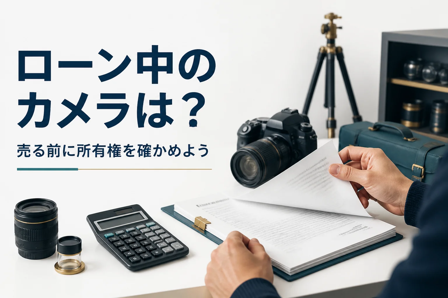一眼レフの横で、契約書類をめくって内容を確かめている手元