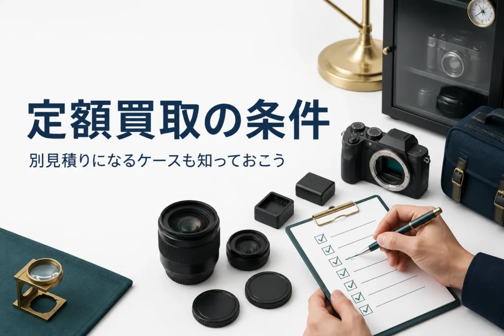 ミラーレスと付属品を並べ、チェックリストで条件を確かめている手元