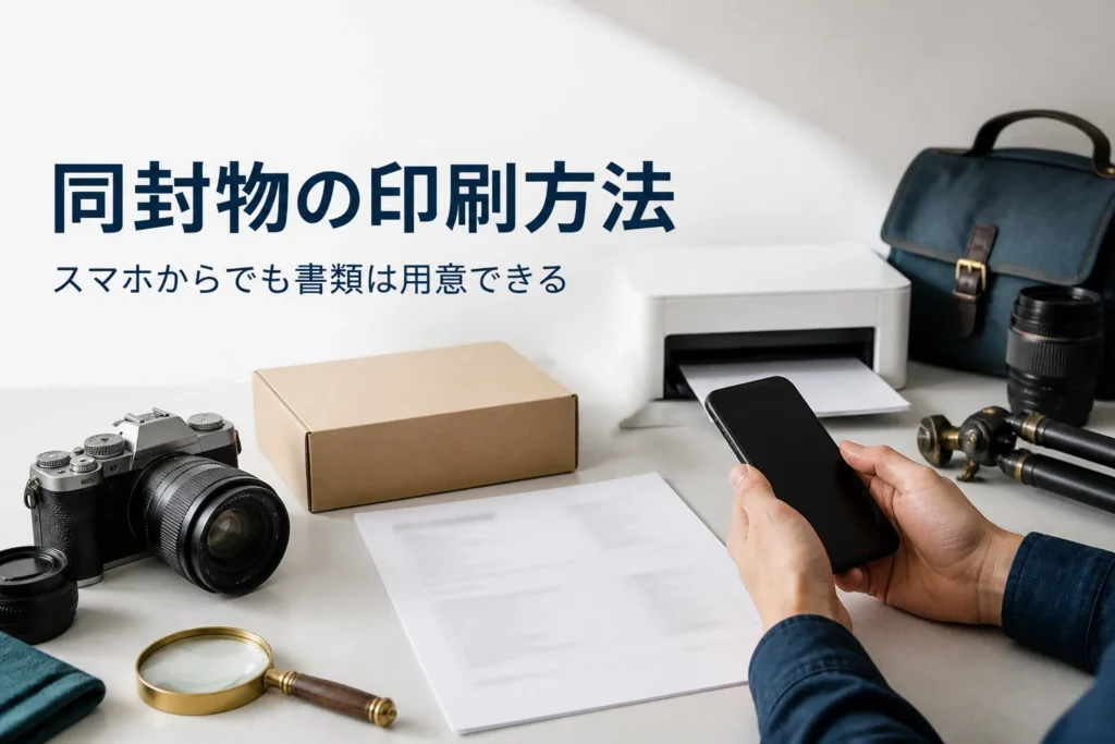 スマホで案内メールを見ながら、印刷した書類を箱に入れる準備をしている手元