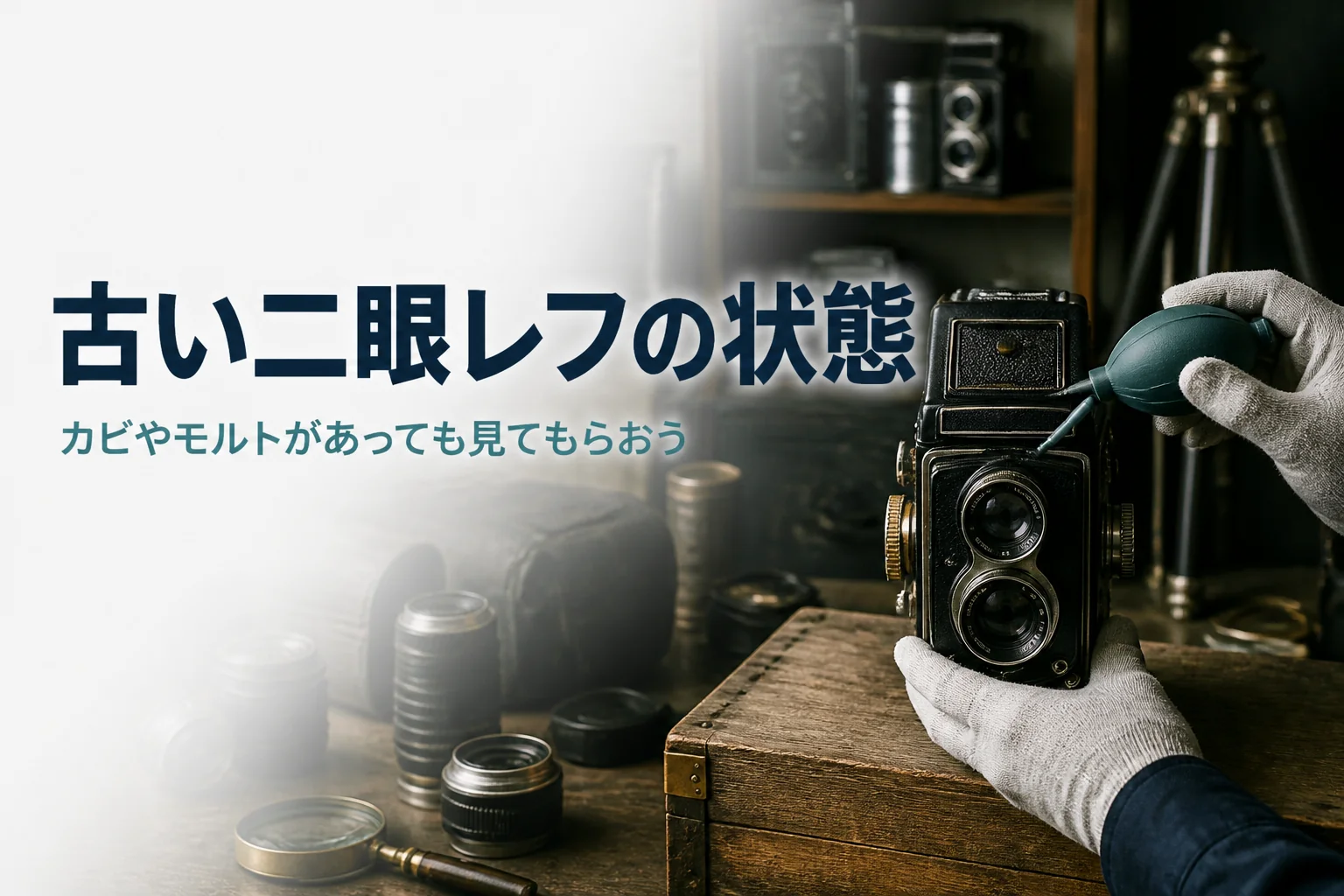 物置で見つかった古い二眼レフカメラのほこりをブロアーで払っている手元