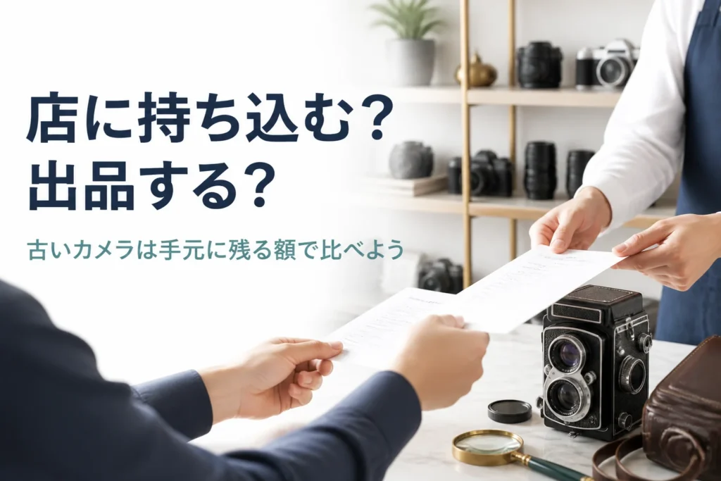 古い二眼レフカメラとケースをカウンターに置き、査定の説明を受けている手元