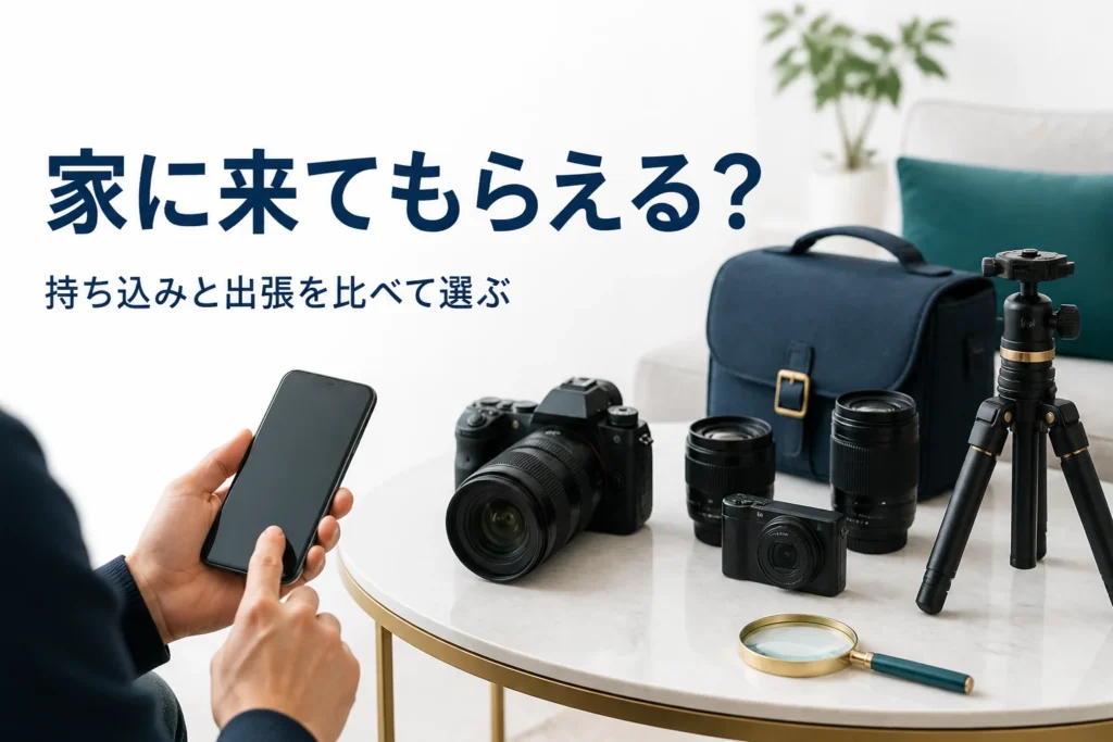 自宅のテーブルにカメラと三脚を並べ、売り方を調べている手元