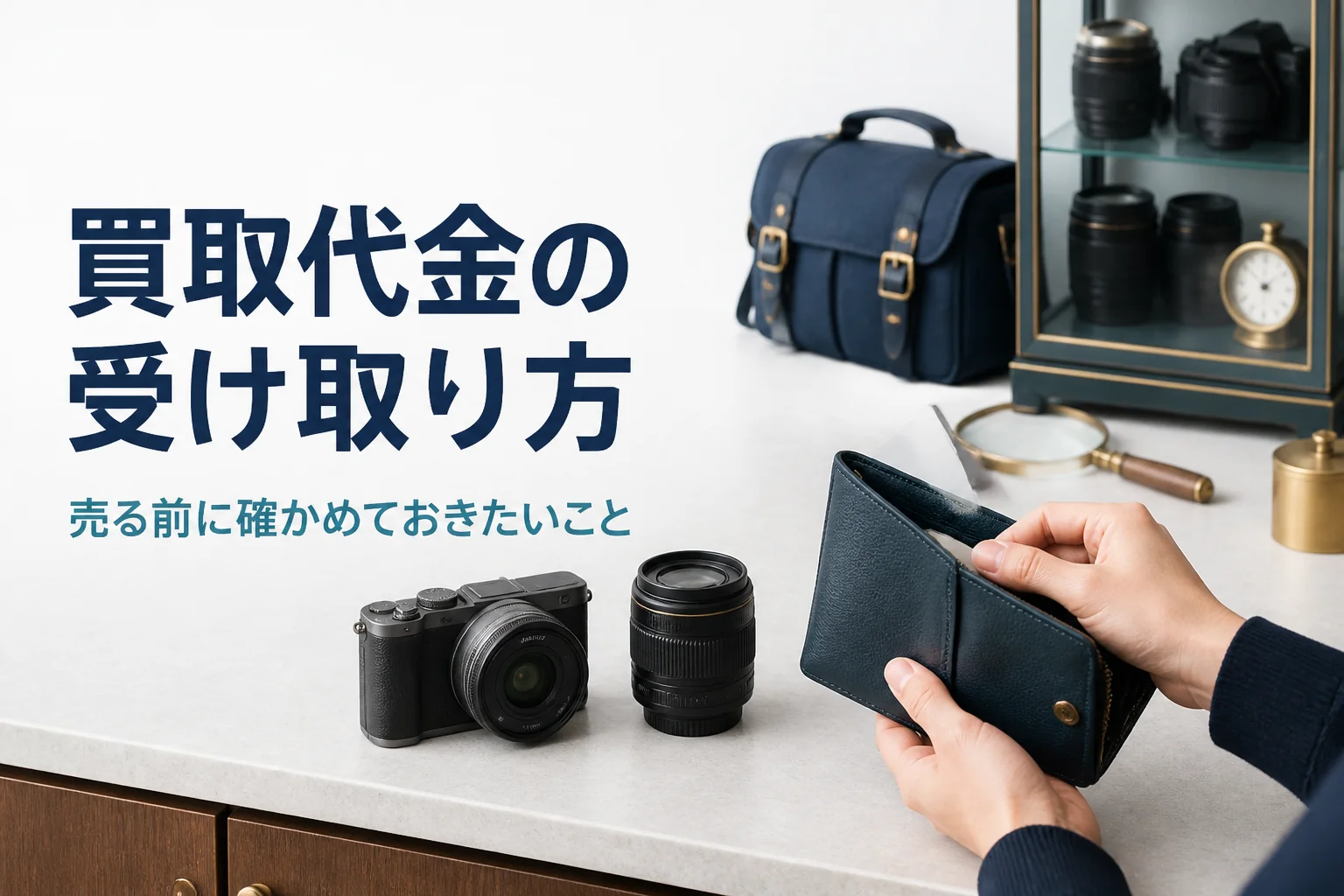 カメラの横で財布を開き、買取代金の受け取り方を考えている手元