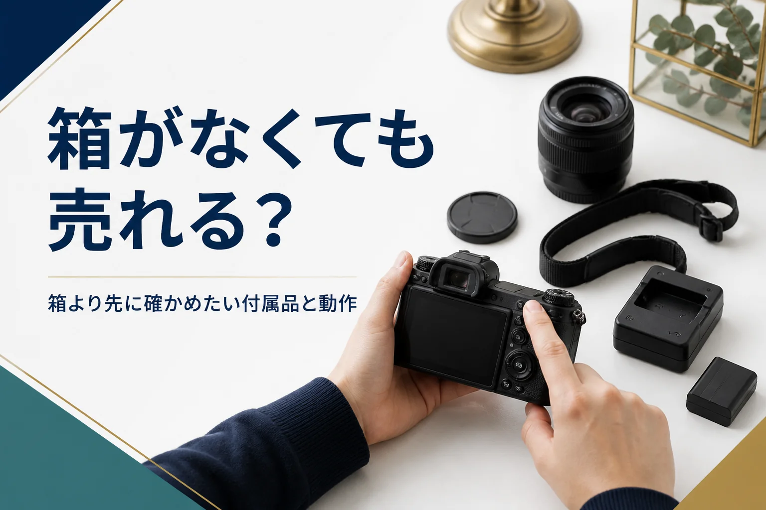 元箱のないミラーレスと付属品を並べ、電源が入るかを確かめている手元