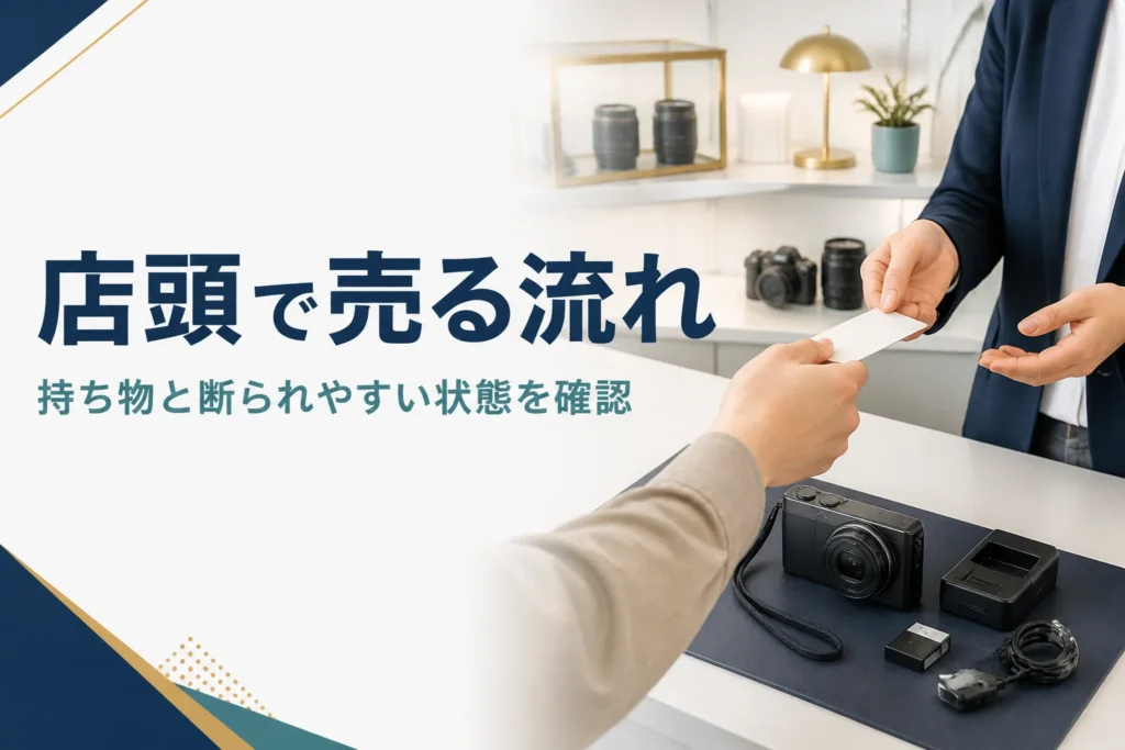 買取カウンターにコンパクトデジカメと付属品を置き、本人確認書類を差し出している手元