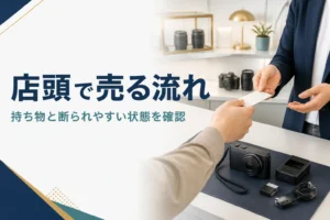 買取カウンターにコンパクトデジカメと付属品を置き、本人確認書類を差し出している手元