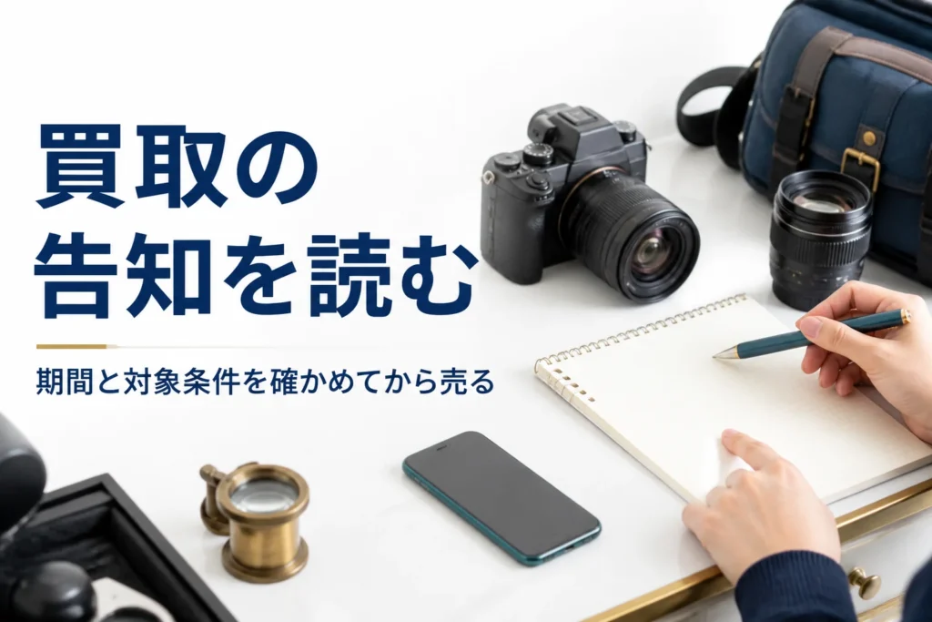ミラーレスカメラとスマートフォンの横で、買取の条件を書いたメモを確かめている様子