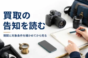 ミラーレスカメラとスマートフォンの横で、買取の条件を書いたメモを確かめている様子